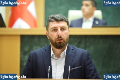 პოლიტიკოსი პარლამენტში, ფონზე საქართველოს დროშა — საქართველო