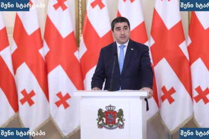 მთავრობის წევრი პრეზენტაციის დროს, ფონზე საქართველოს დროშები — საქართველო