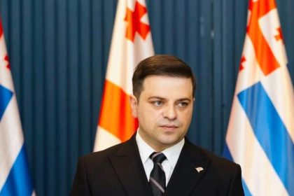 პოლიტიკოსი პრესკონფერენციაზე, საქართველოს დროშები ფონზე