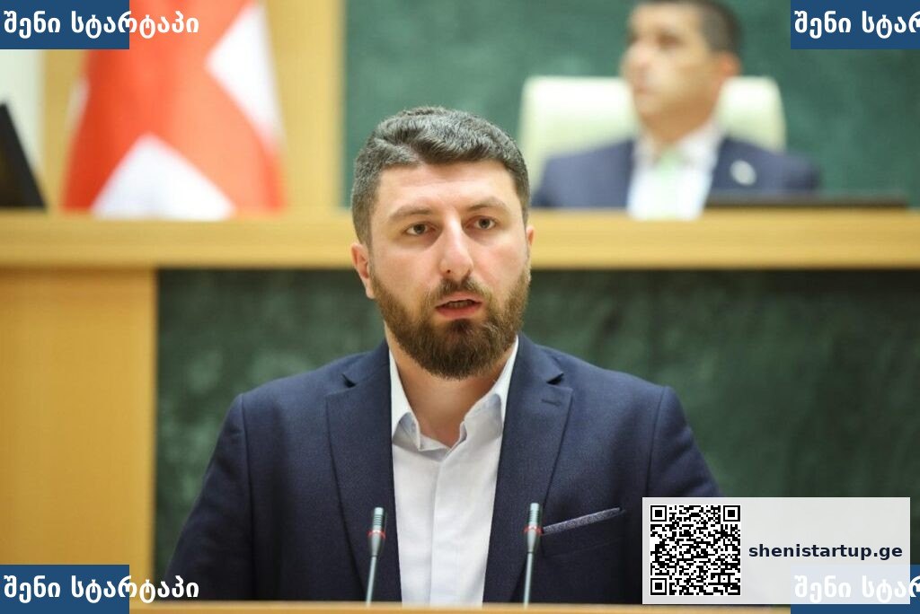 პოლიტიკოსი პარლამენტში, ფონზე საქართველოს დროშა — საქართველო